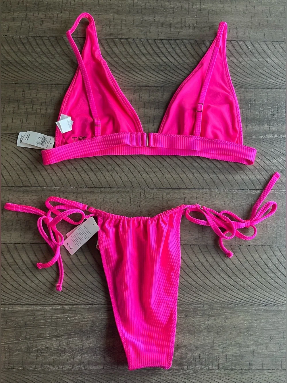 NWT Aerie Ribbed Bikini Triangle Top Cheekiest Tie Side Bottoms Large Hot Pink
